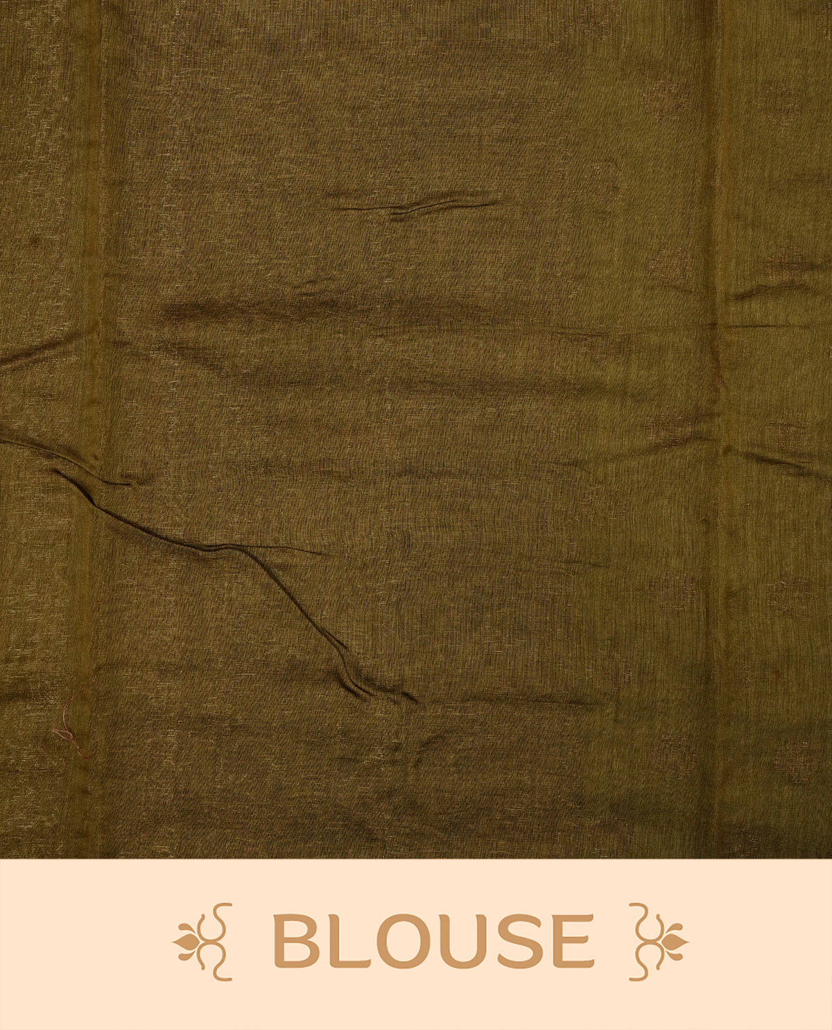 Olive green colour Banaras saree featuring Gold zari buttas on body, compelmented by zari pattern on self colour border, comes with matching blouse piece.