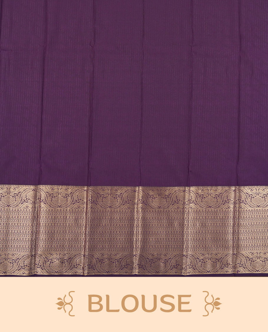 yellow green Colour Semi Silk Saree with Gold Self-Woven Striped Body, Contrasting Grape Purple Golden Zari Pallu & Border, Allover Paisley Motifs, and Matching Blouse Piece