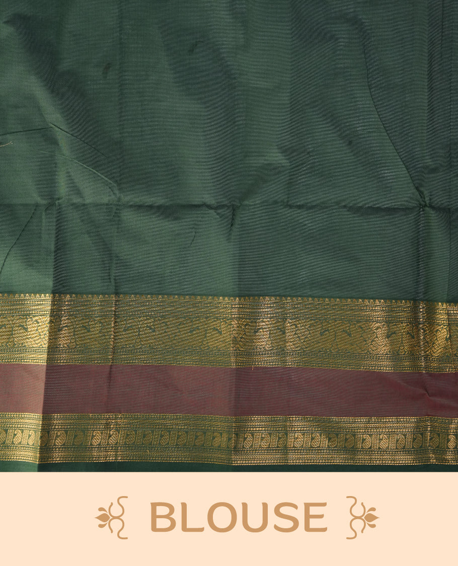Green colour chettinad cotton saree featuring gold zari stripes on body, complemented by gold zari with maroon border, paired with matching blouse piece.