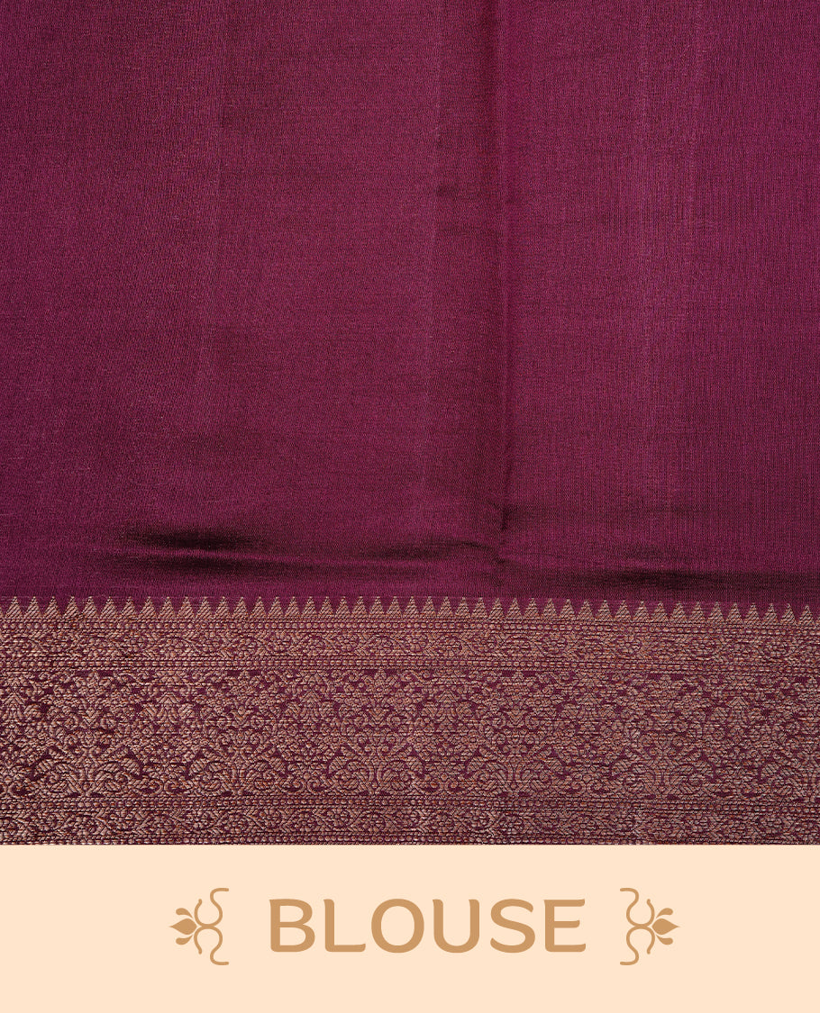 Burgundy Colour Pure Banaras Soft Silk saree featuring Antique Zari buttas in body, complemented by zari work on self colour border, paired with matching Blouse Piece.