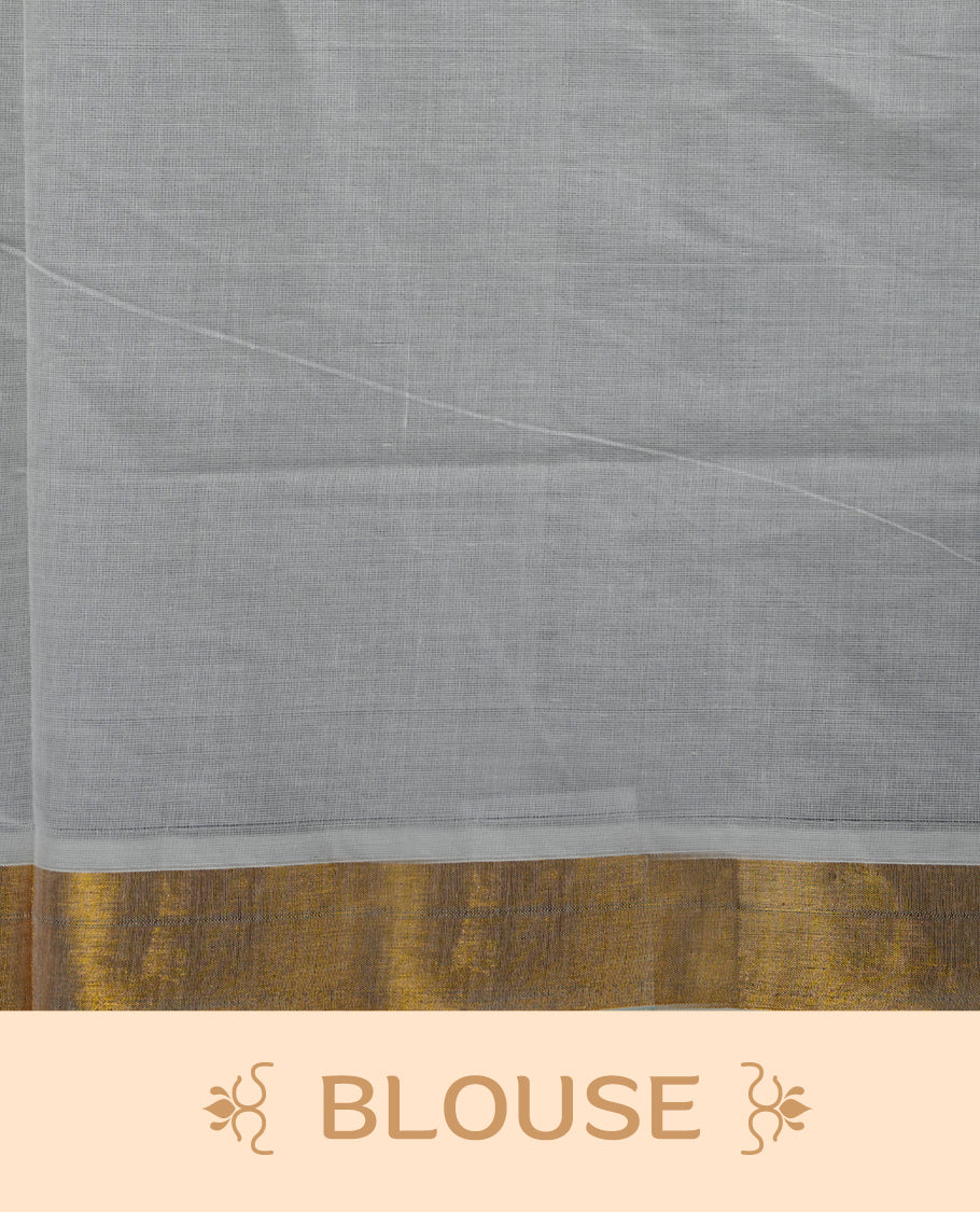 Off white colour cotton Kerala saree featuring a Plain body, an intricately woven traditional border with patterns on pallu, paired with a matching blouse.