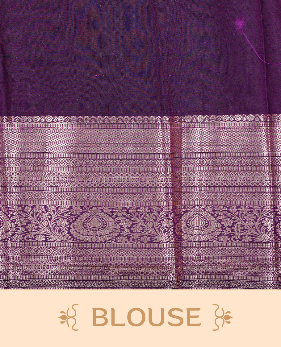 Peach cream colour Net Tissue saree Elegant plain body, complemented by Purple colour with Light gold zari traditional border, paired  with matching blouse piece.