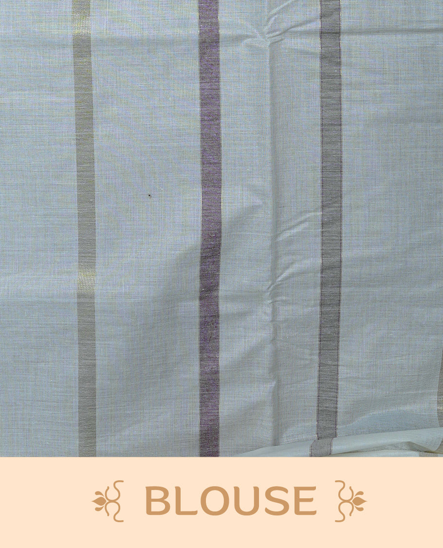 Cream Colour Cotton Kerala Saree Featuring  Gray  & Light Maroon On The Body & Pallu, Paired With A Matching Blouse Piece.