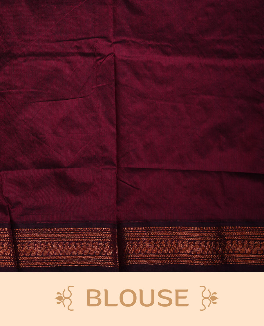 Green colour Kalyani cotton saree featuring a plain elegant body, complemented by a deep maroon border and traditional woven pallu, paired with a matching blouse.