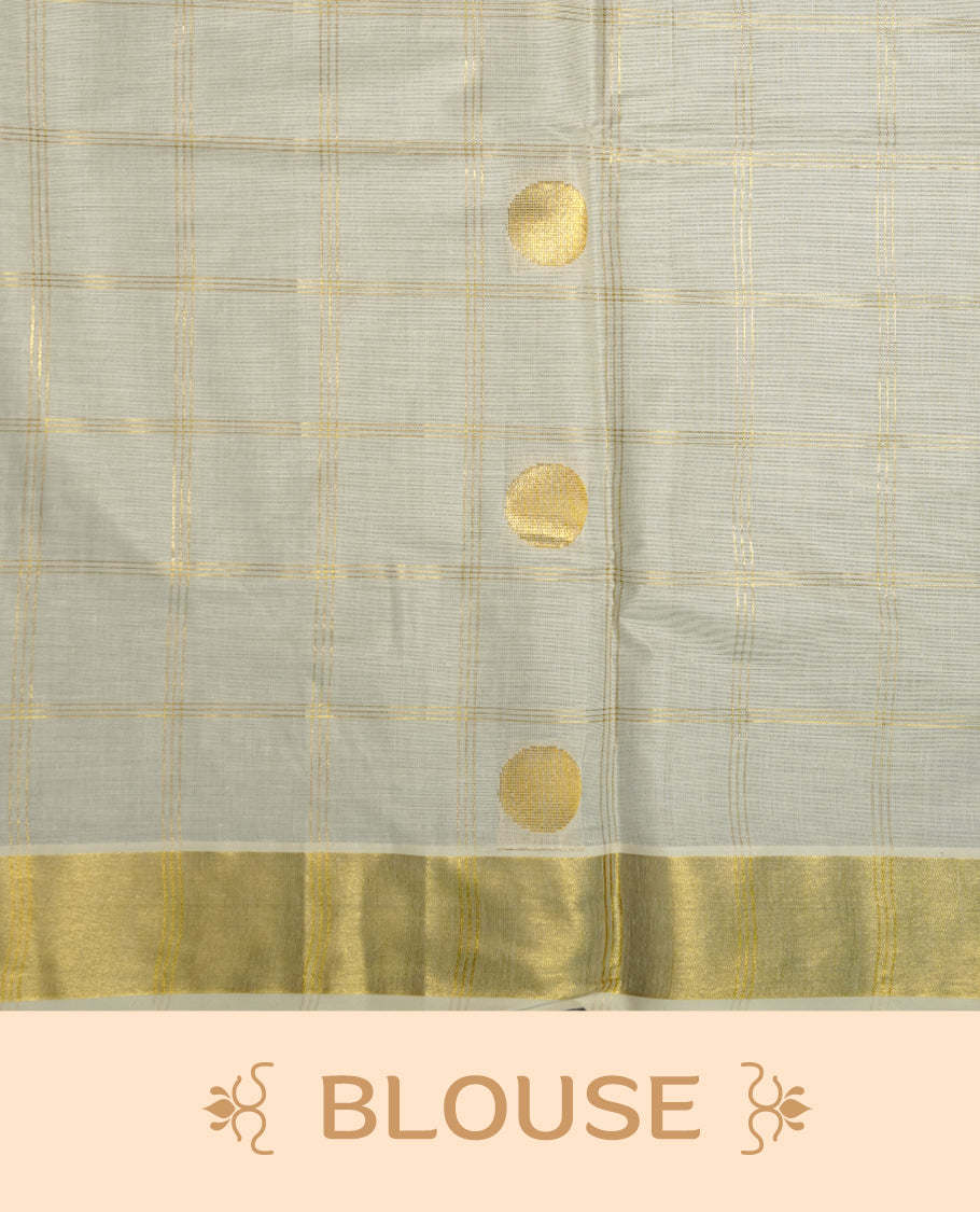 Elegant Off white colour cotton Kerala saree with gold zari check stripes and buttas, broad kasavu border, and richly woven traditional pallu, paired with a matching blouse