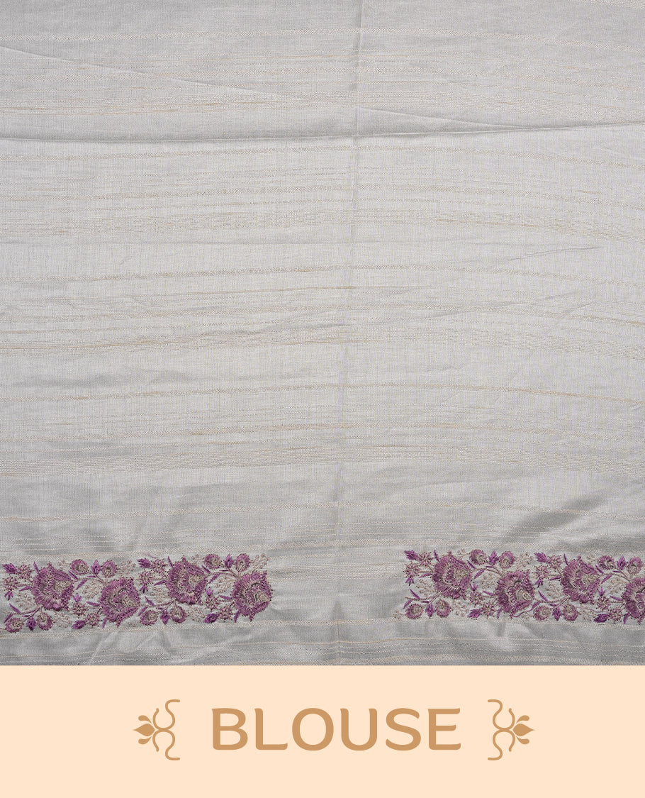 Cream colour semi tusser silk saree featuring with Lavender colour thread embroidery kodi pattern all over body, pallu, border  and paired with matching blouse piece.