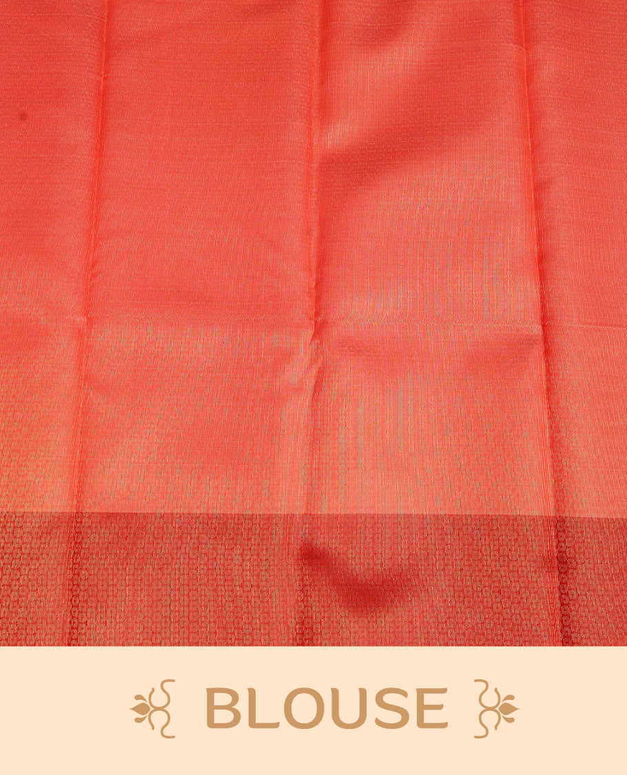 Cream Colour Semi Soft Silk Saree Featuring Gold zari Patter On Body, Highlighted  by contrast Dark red border with Gold zari, paired with matching blouse piece.