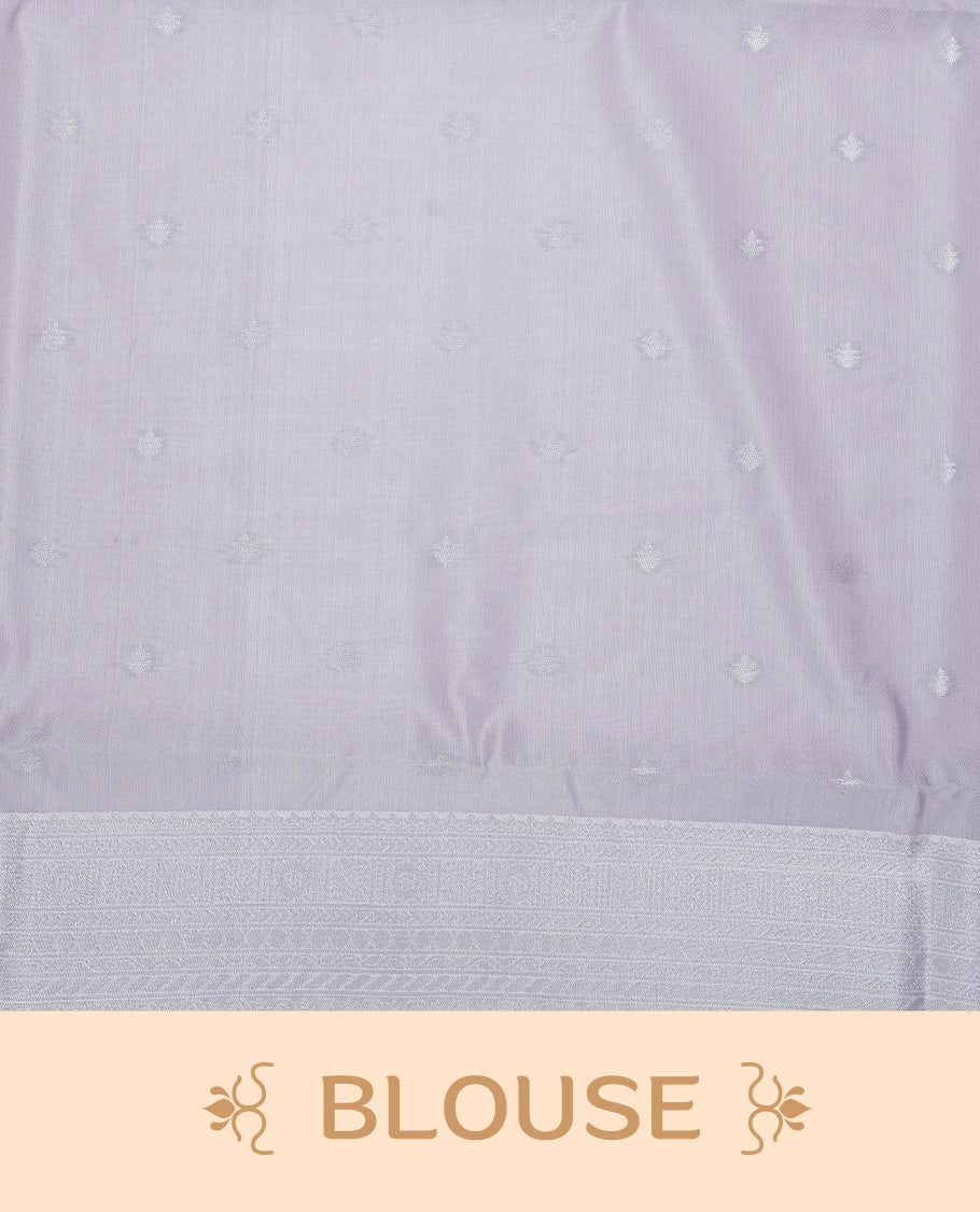 Pink colour semi silk saree featuring Silver zari Floral pattern on body, complemented by contrast Lavender colour with silver zari border, comes with matching blouse piece.