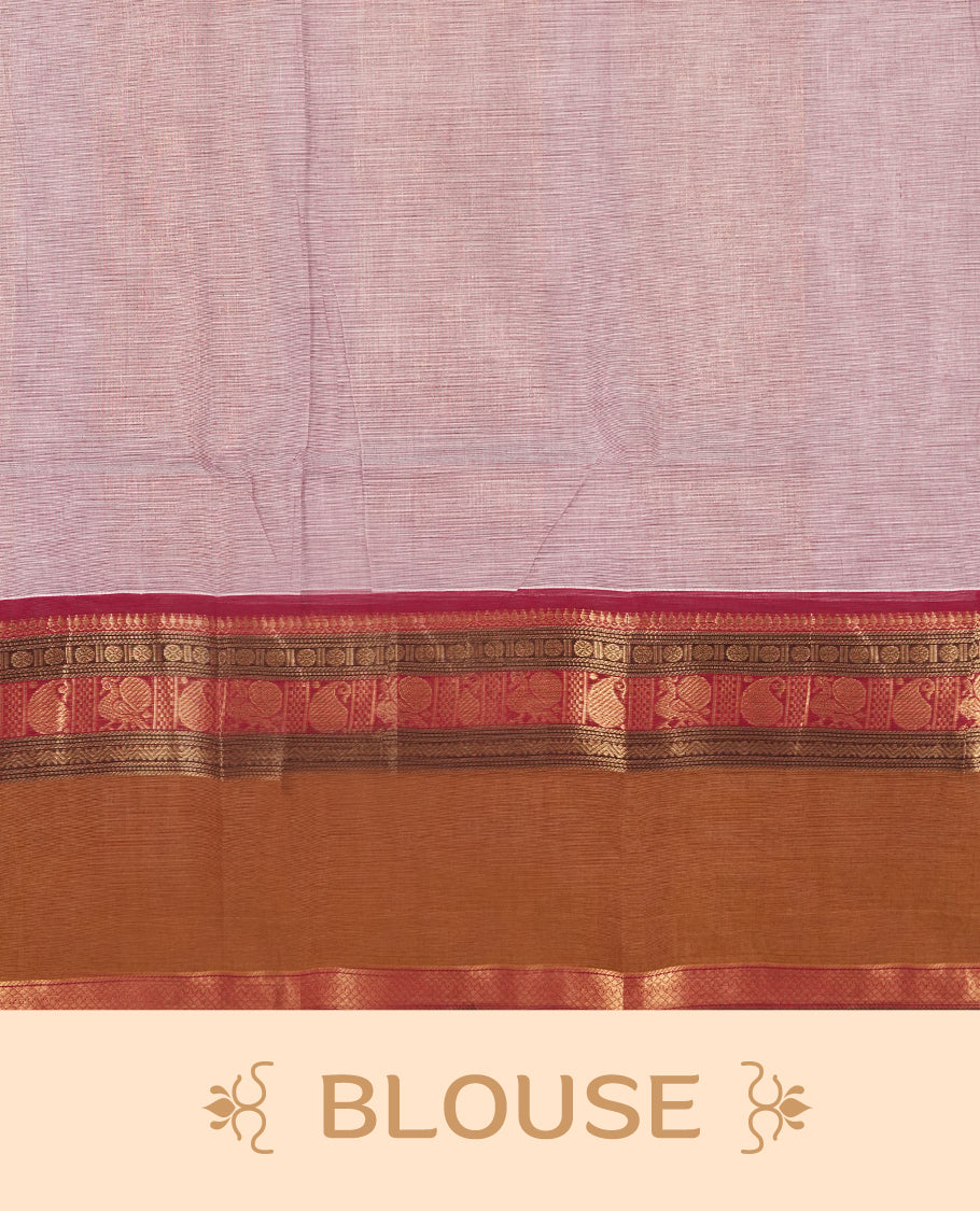 Pastel purple colour Chettinad cotton saree featuring small motifs on the body, highlighted with a rich brown and maroon zari woven border and intricate pallu design & Comes with a matching blouse piece.