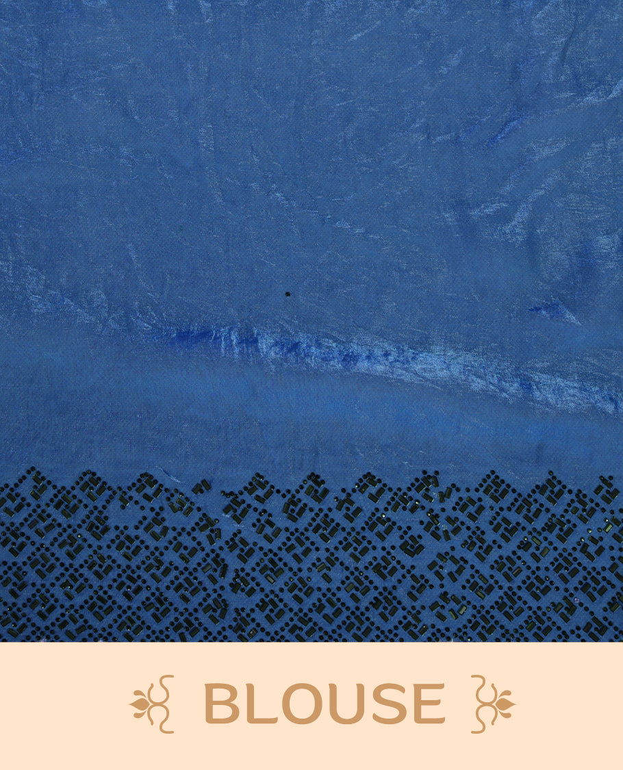 Dark Blue colour velvet chiffon designer saree, featuring black thread embroidery kodi pattern on body, black cut stone work and heavy stone border, pallu and Paired with matching blouse.