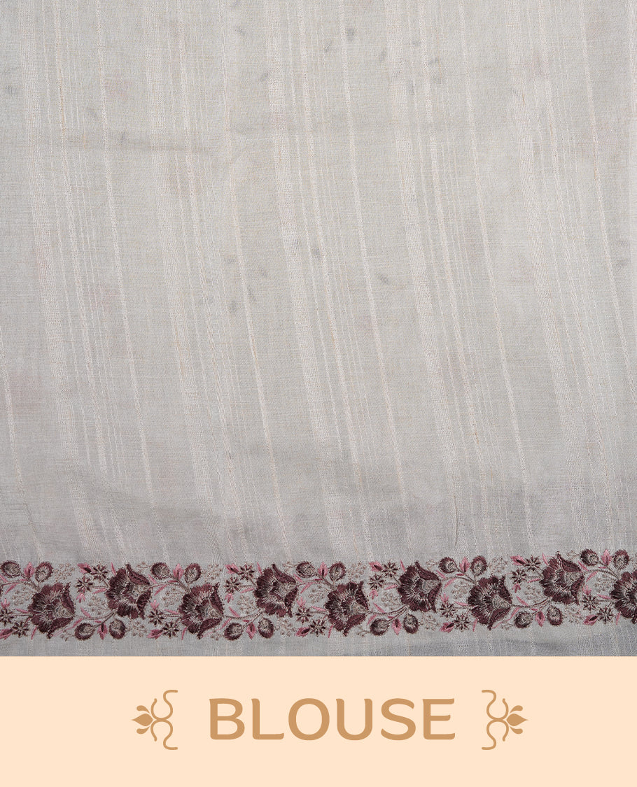 Cream colour semi tusser silk saree featuring with brown colour thread embroidery kodi pattern all over body, pallu, border  and paired with matching blouse piece.