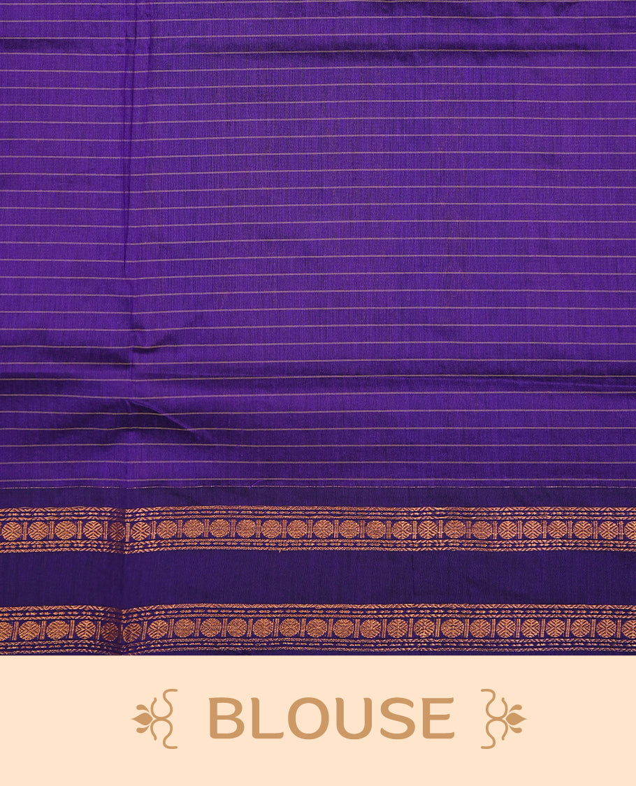 Indigo colour Kalyani cotton featuring Gold zari Check pattern on body, complemented by Self colour With gold zari grand border & pallu, matching blouse piece.