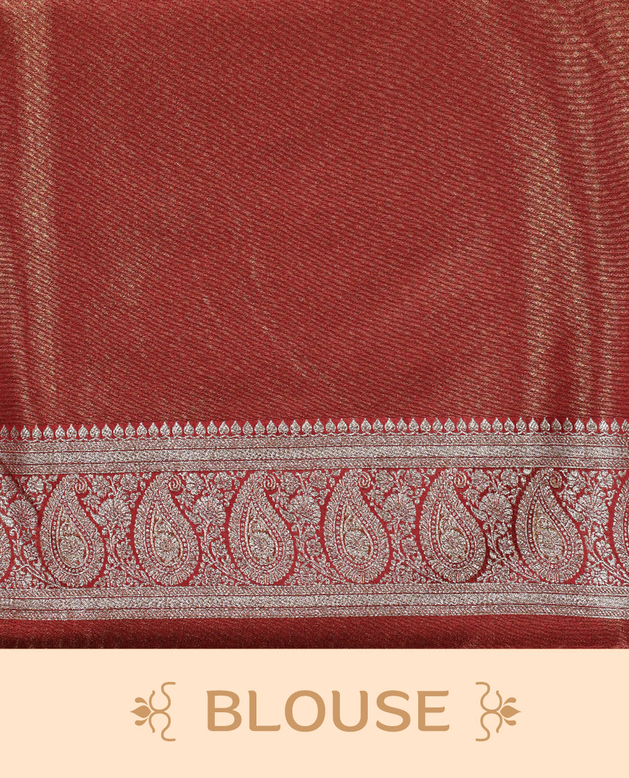 Red colour Mulberry silk saree featuring Gold zari small buttas & floral motifs  on body, complemented by self colour with Gold zari border, comes with matching blouse piece.