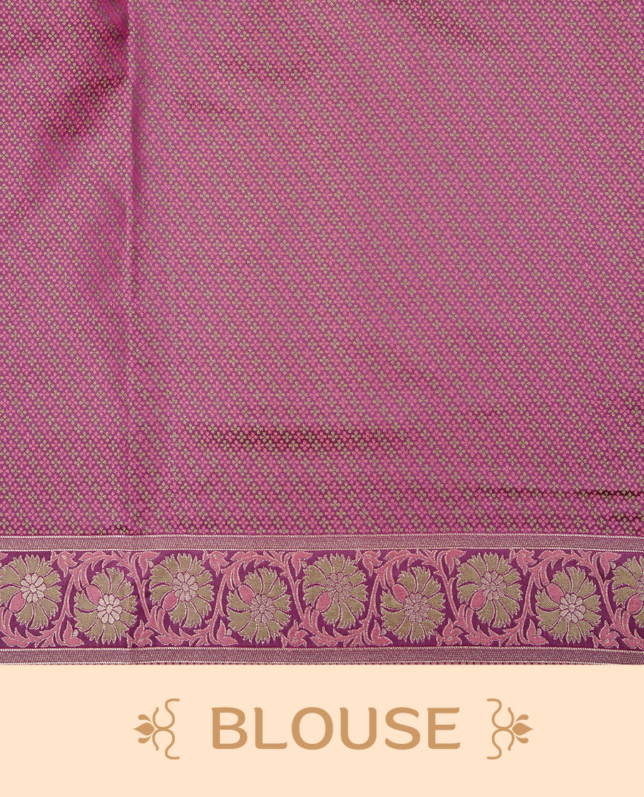 Maroon colour Mulberry silk saree featuring gold zari elephant & floral kodi pattern across body, complemented by self colour border with gold zari work, comes with matching blouse piece.