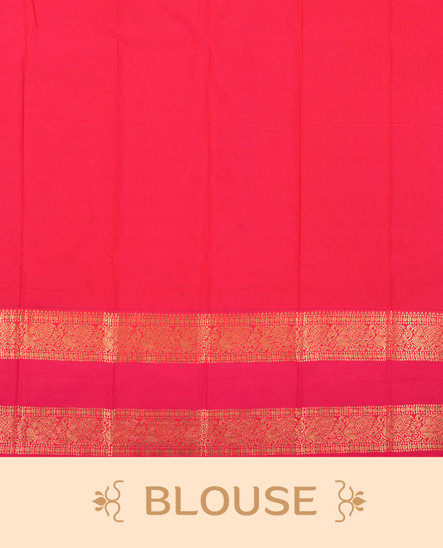 Harvest gold colour Semi Silk Saree with gold zari striped patterns on the body, paired with a contrasting rani pink colour traditional pallu and border, and a matching blouse piece.