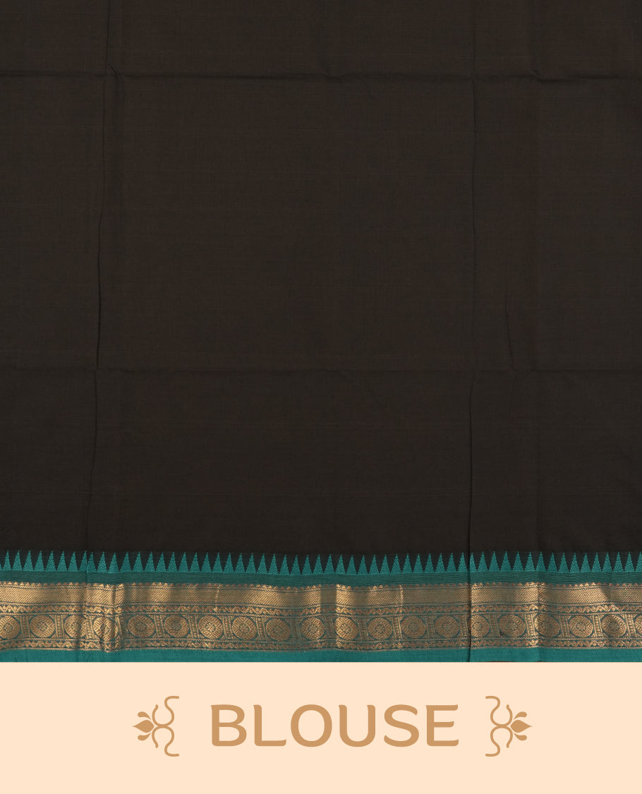 Black colour Chettinad cotton saree accentuated with a rich teal green zari border featuring intricate traditional motifs, The bold temple design enhances its ethnic charm & Comes with a matching blouse piece.