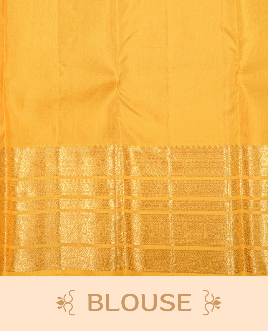 Yellow  Colour Pure Kancheepuram Silk Saree Featuring Gold Zari Kodi  Pattern on the Body, Highlighting a Traditional Gold Zari Border, Paired with a Matching Blouse Piece.