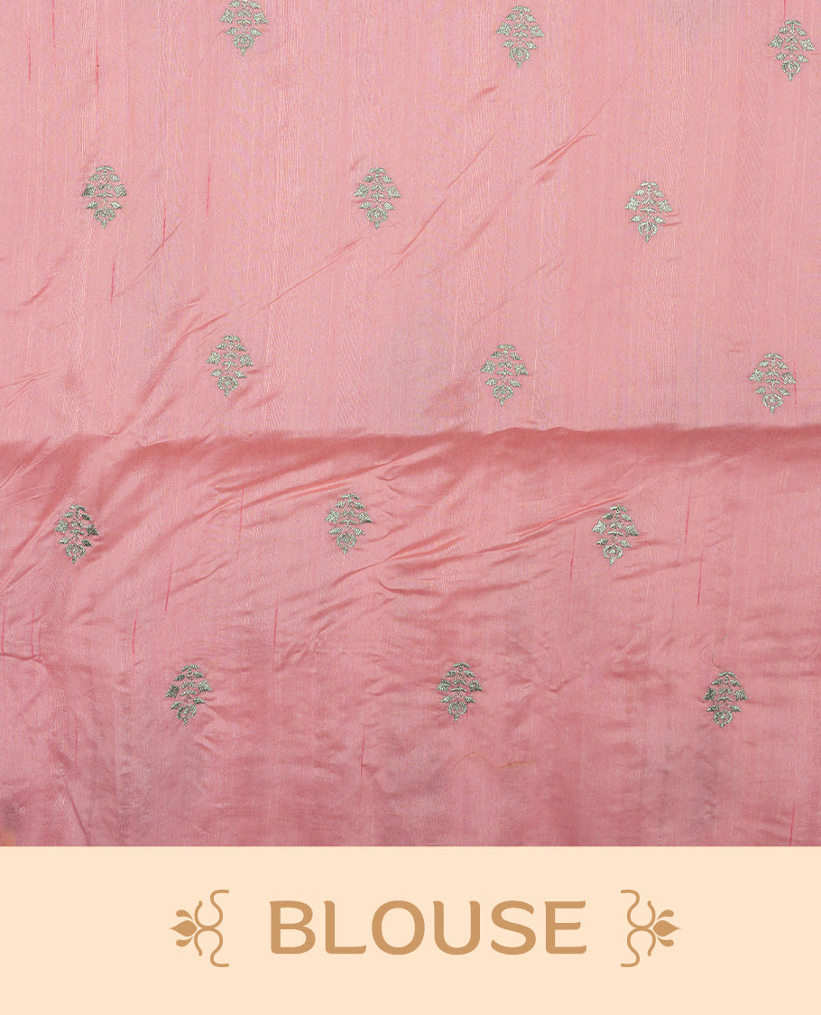 Baby Pink colour semi tusser silk saree featuring Floral thread embroidery across body, without border and paired with matching blouse.