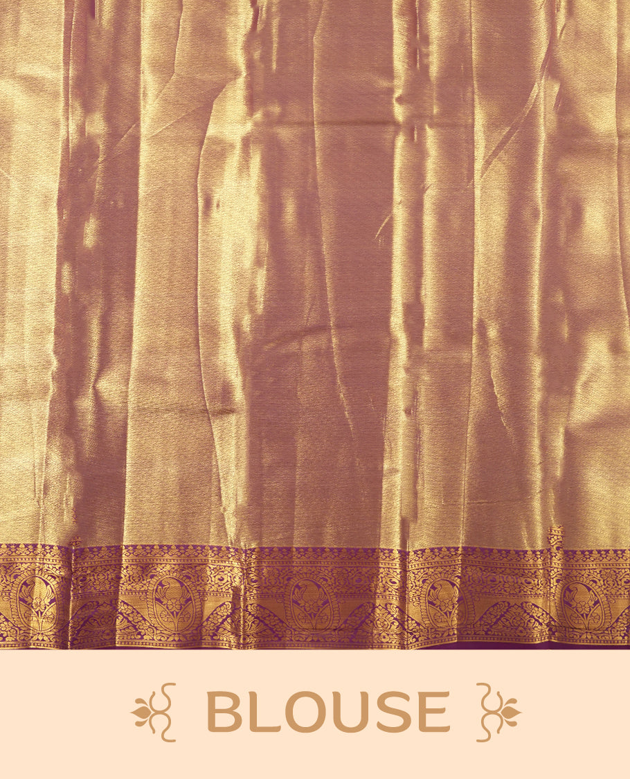 Purple colour and gold & silver Zari Tissue Brocade Saree features intricate Motifs on body and dark magenta contrast border with gold traditional pallu, paired with matching blouse