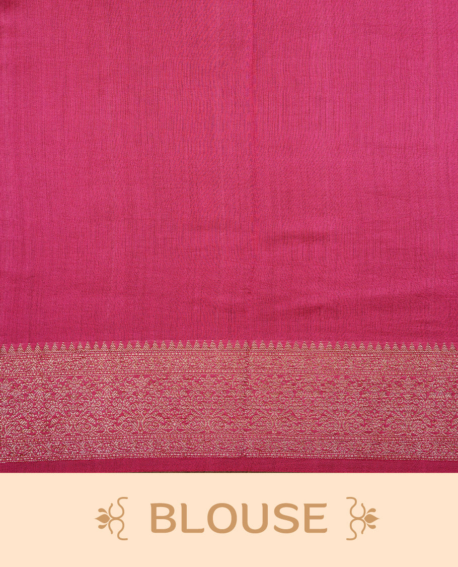 Magenta Colour Pure Banaras Soft Silk saree featuring Antique Zari buttas in body, complemented by zari work on self colour border, paired with matching Blouse Piece.