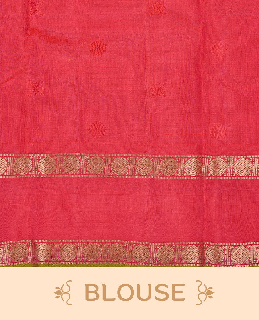 Orange colour Traditional Kancheepuram silk saree featuring gold zari motifs on body, enhanced with contrast Red with traditional with green piping border, paired with matching blouse piece.