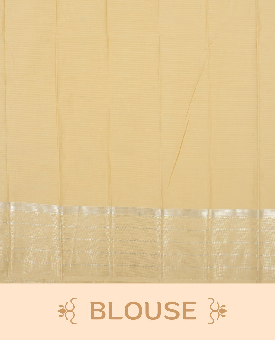 Vanilla Cream Colour Semi Silk Saree with Silver Circular Butta Motifs, Self Coloured Silver Zari Pallu & Border, Subtle Checked Body, and Matching Blouse Piece