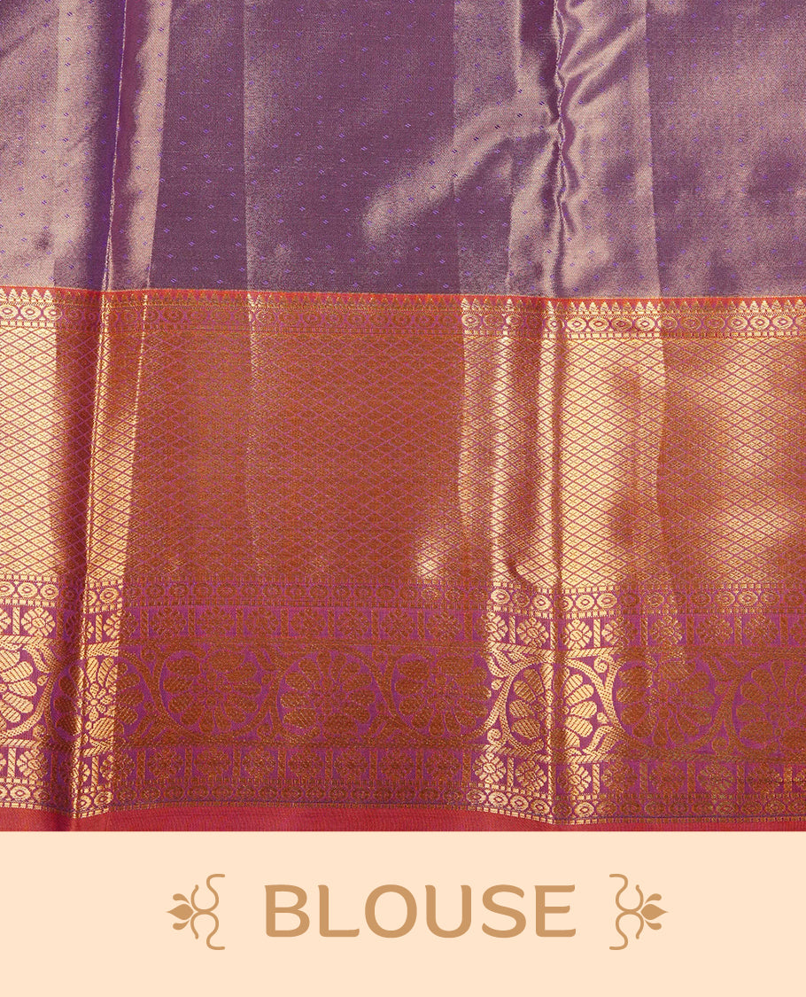 Violet & Gold colour Double shade Semi tissue silk saree featuring self color Floral pattern on body, Contrast Brick red colour with Fancy border, paired with matching.