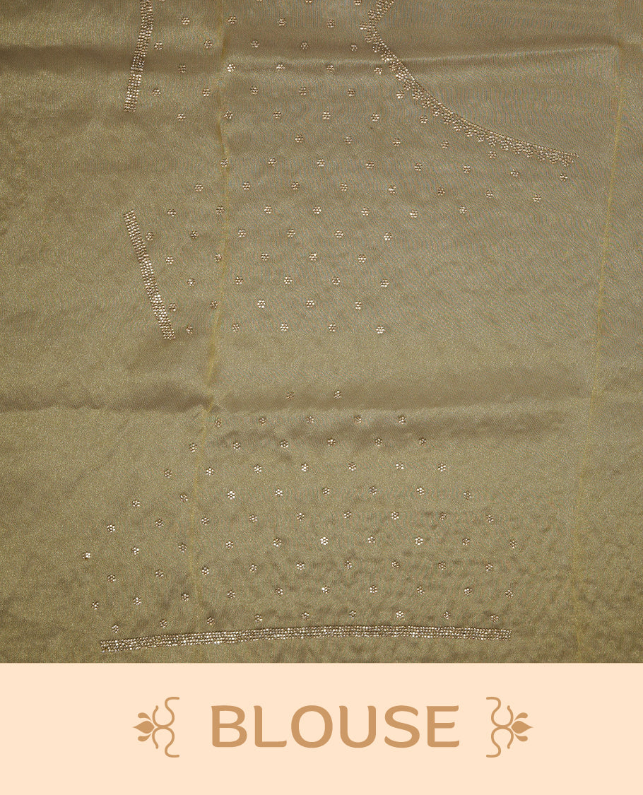 Gold Colour Shimmer Designer Saree featuring Delicate gold Stone Scattered Work on the Body, enhanced with Intricate Stone Detailing on the Border and Pallu, paired with a Matching Blouse.