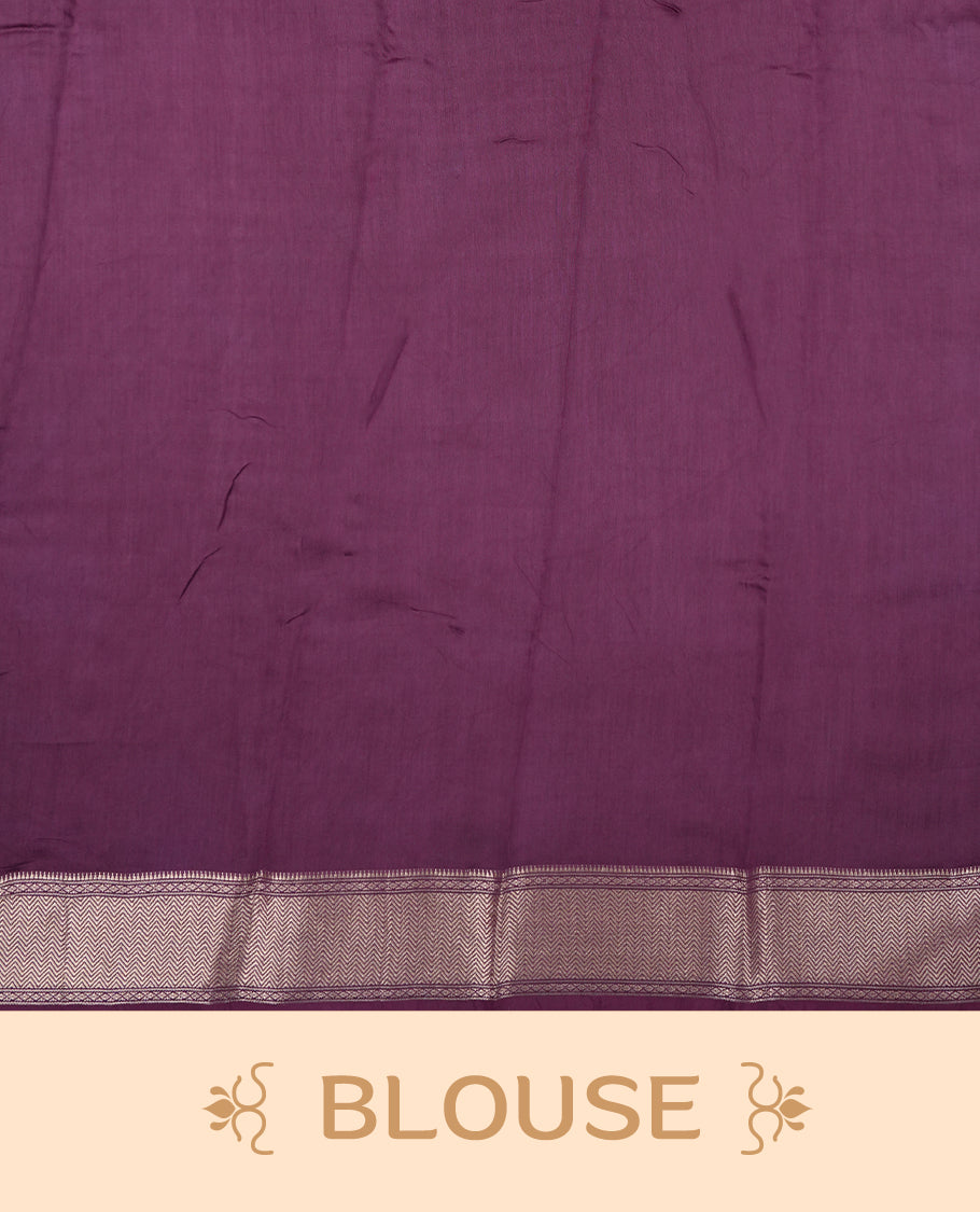 Purple colour Viscos semi printed saree featuring a light golden zari border, abstract white printed motifs on the body, and comes with a matching blouse