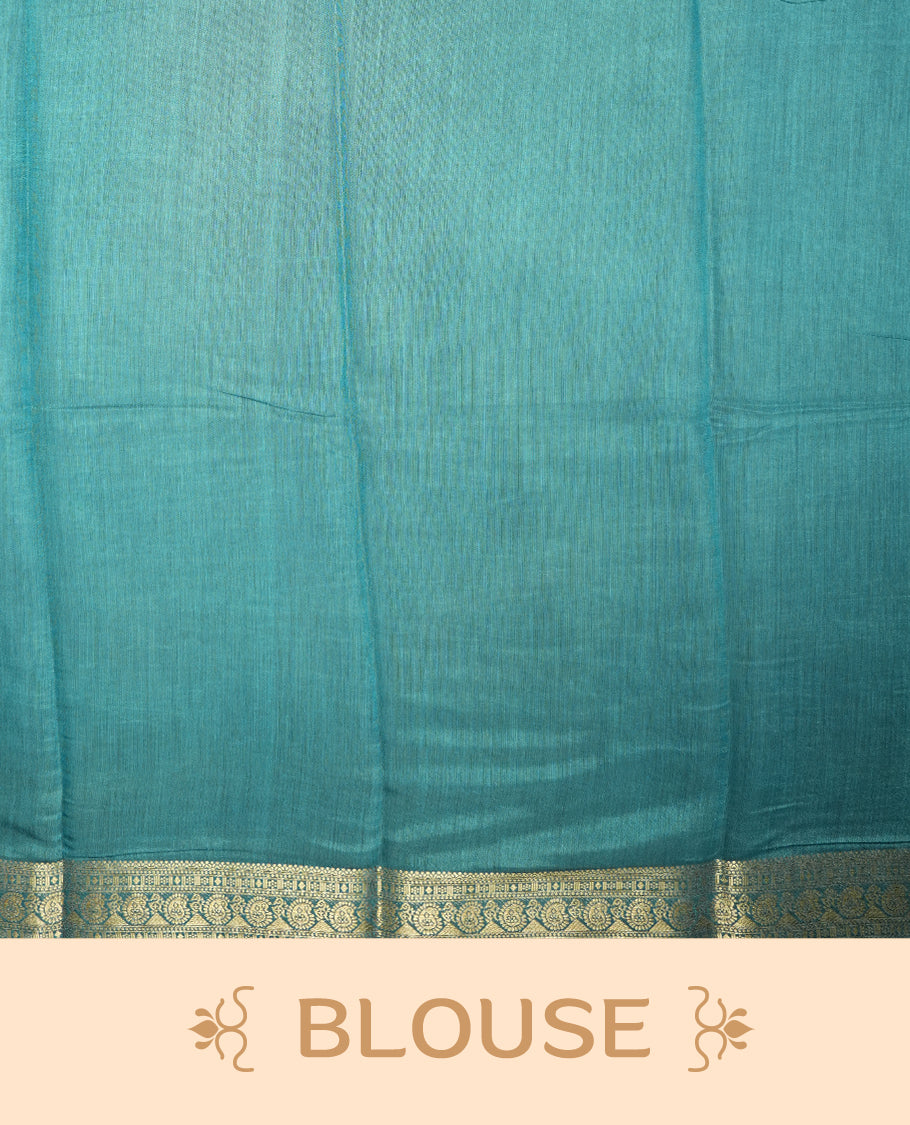 Teal and coral red colour mixed chanderi cotton saree with checkered body featuring circle motifs, geometric printed pallu, golden zari border, matching teal blouse