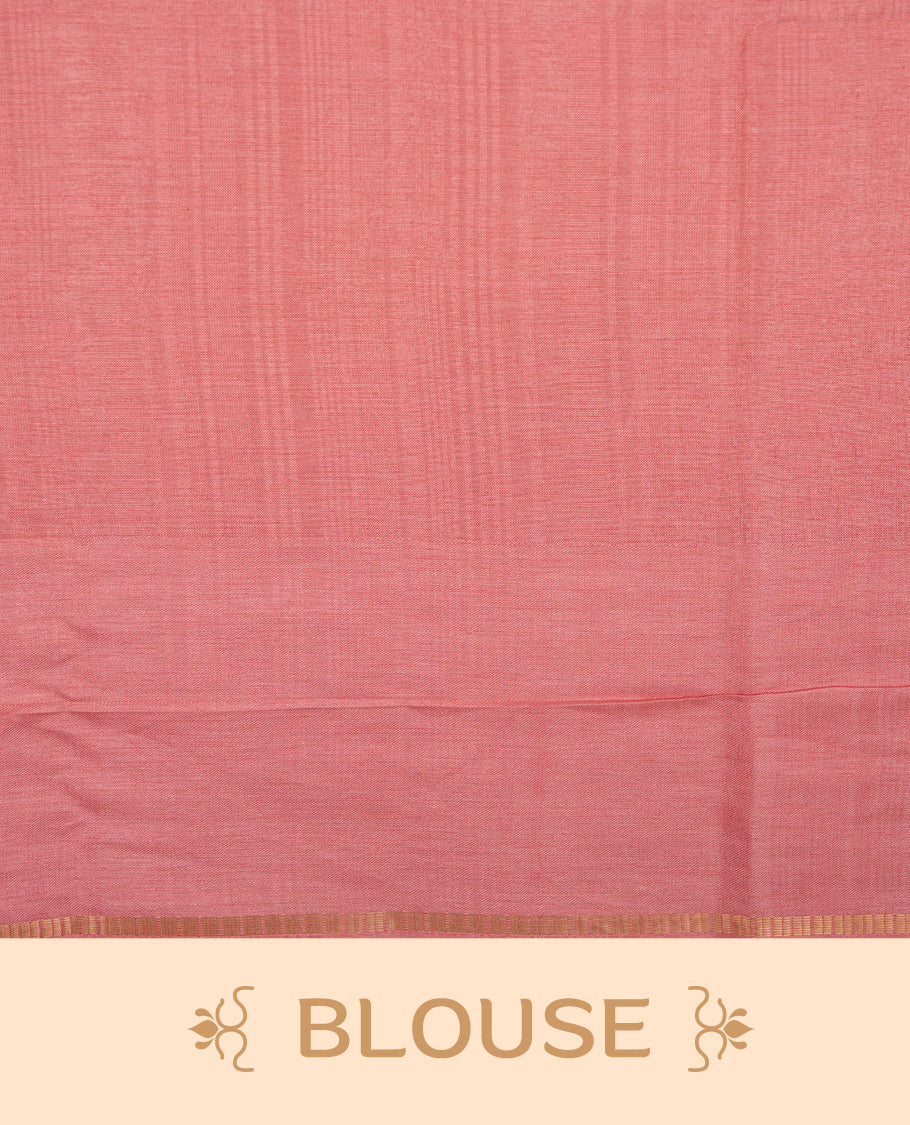Baby pink colour semi Tussar saree highlights gold zari check pattern across body,  border, pallu and paired with matching blouse piece.