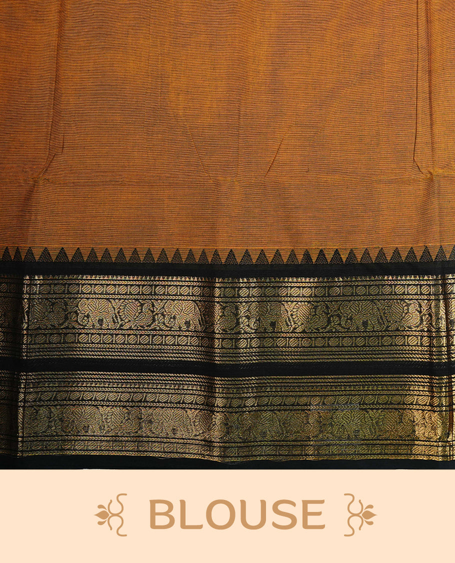 Mustard  colour chettinad cotton saree featuring  Plain body, complemented by Contrast Black  Colour With Traditional  Gold Zari border, paired with matching blouse piece.