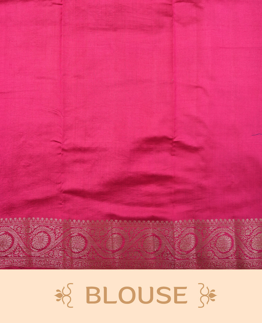 Mustard Colour Pure Banaras soft Silk Saree having gold floral motifs on Body with contrast Dark pink colour gold floral kodi pattern on Border and matching Blouse