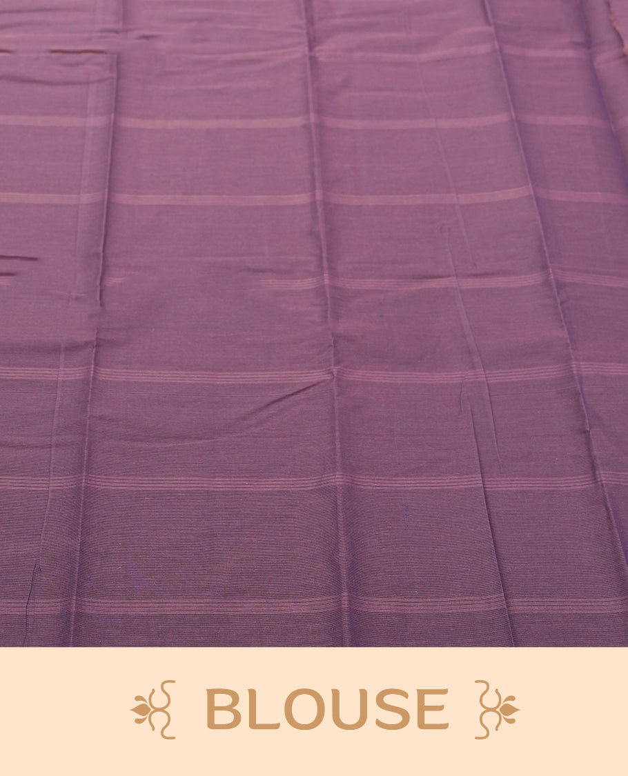 Lavender Purple Colour Silk Cotton Saree with Golden Striped Body, Contrasting Pink and Purple Striped Pallu & Border, Multi-Line Patterns, and Matching Woven Blouse Piece