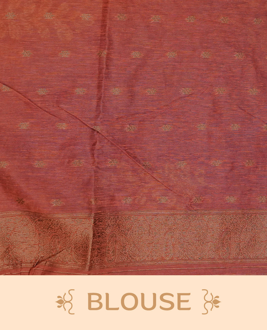 Wine colour semi silk saree featuring Gold zari Leaf pattern on body, complemented by contrast Rust  Orange colour with Gold zari border, comes with matching blouse piece.