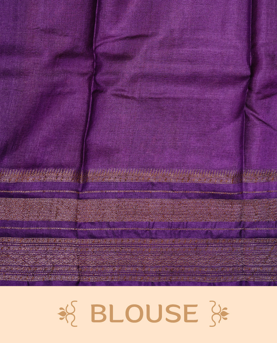 Red colour Pure Banaras Tussar silk saree Featuring Gold zari buttas on body, complemented by Contrast Purple colour with zari border, paired with matching blouse piece.