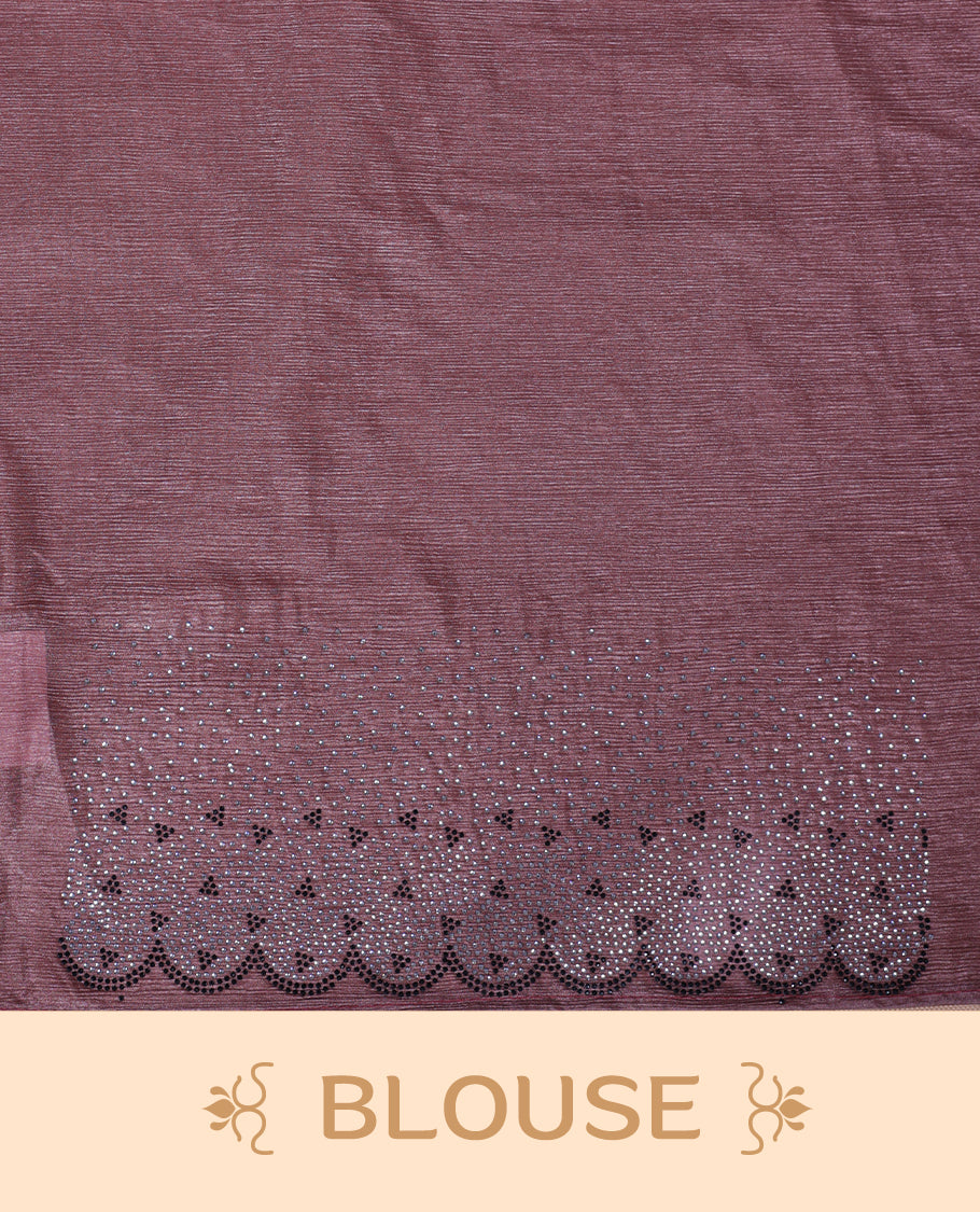 Brown colour chiffon designer saree, featuring black and white scattered stone on body, stone work and heavy stone leaf pattern on border and  pallu, Paired with matching blouse.