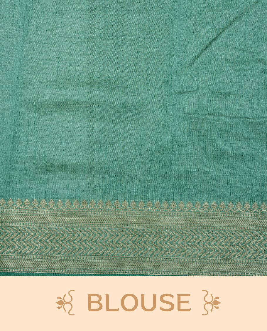 White cream colour Semi Tussar silk saree featuring an elegant plain body, accentuated by a contrast Aqua green border adorned with intricate gold zigzag zari work, paired with a matching blouse piece.