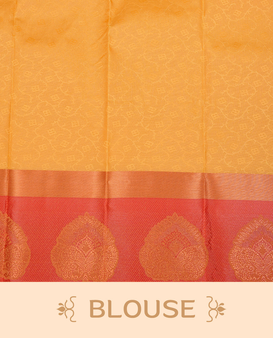 Mustard colour Semi silk saree Featuring self colour zari motifs on body, complemented by contrast Orange colour with gold zari border, paired with matching blouse piece.