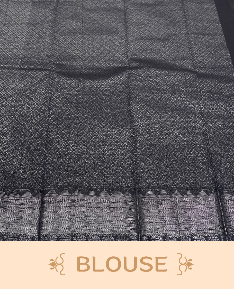 Black Silk Cotton Saree with Silver Rectangular/Square Butta Body, Featuring Silver Zari Chevron Patterned Border on Grand Pallu, Paired with Matching Gray/Silver Plain Blouse Piece