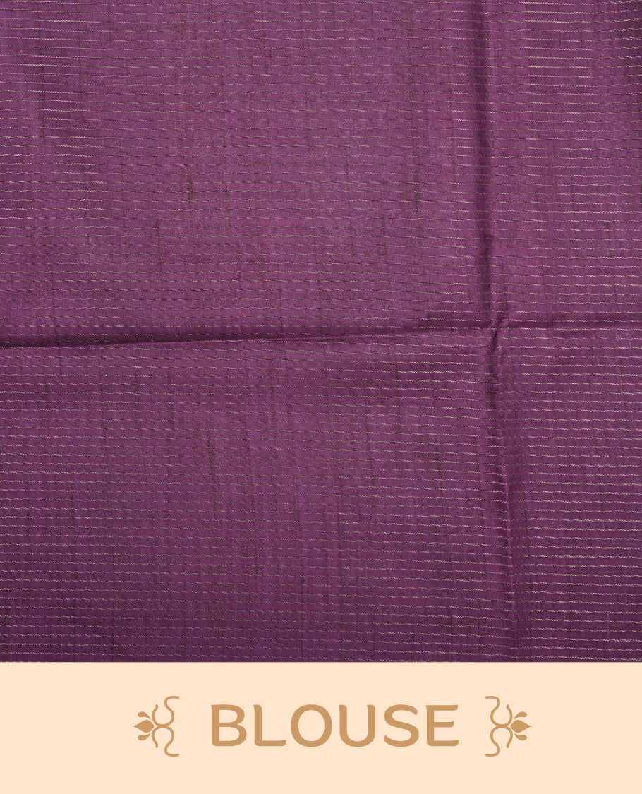 Purple colour semi tussar silk saree featuring zari check pattern across body, self colour border and geometric pattern pallu, paired with matching blouse piece.