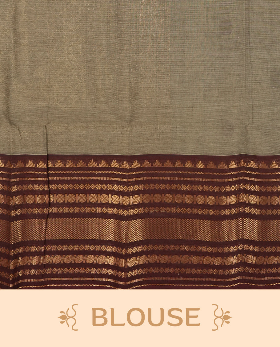 Grey and maroon dual shaded Chettinad cotton saree featuring intricate zari weaving all over the body, Enhanced with a rich maroon zari border and pallu, giving it a traditional and regal appeal & Comes with a matching blouse piece.