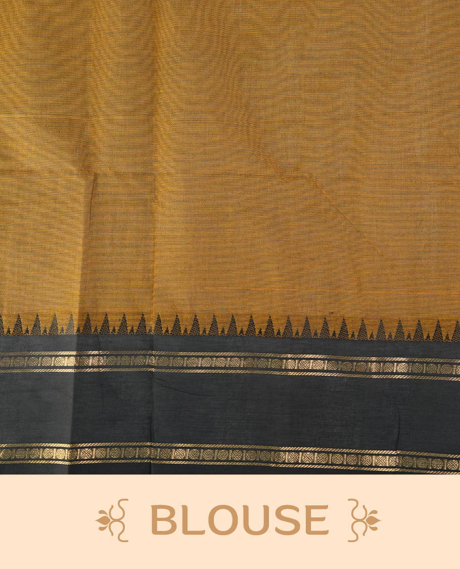 Bronze colour chettinad cotton saree featuring elegant plain body, complemented by contrast black with gold zari border, paired with matching blouse piece.