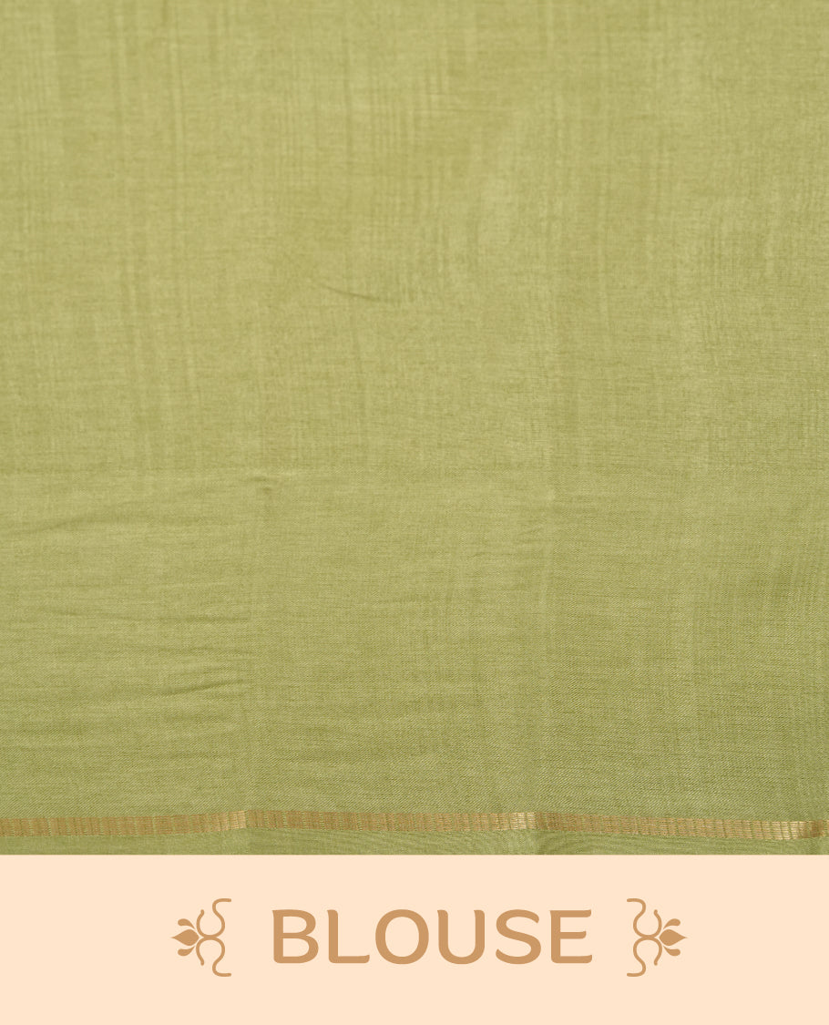 Pastel green colour semi tussar silk saree highlights gold zari check pattern across body,  border, pallu and paired with matching blouse piece.