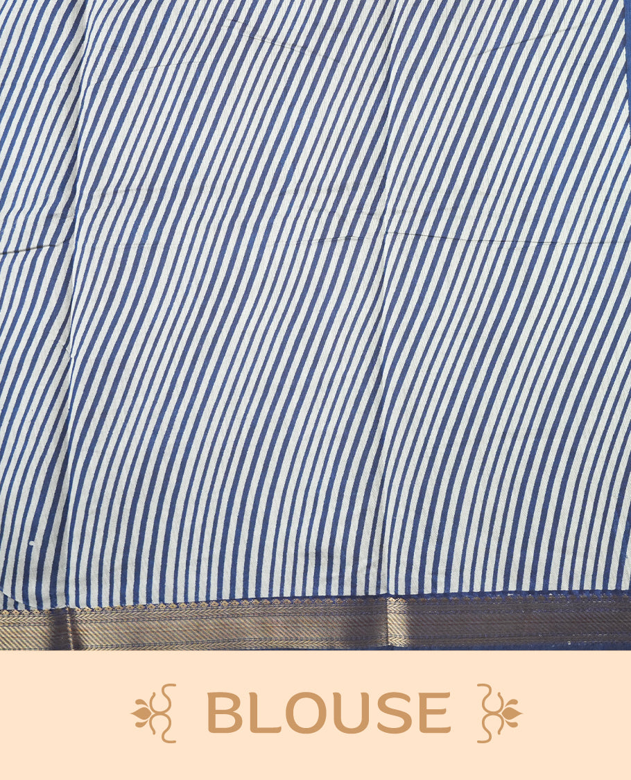 Royal blue colour chanderi cotton saree with plain body, geometric tribal printed pallu with golden zari border, and matching striped blouse.