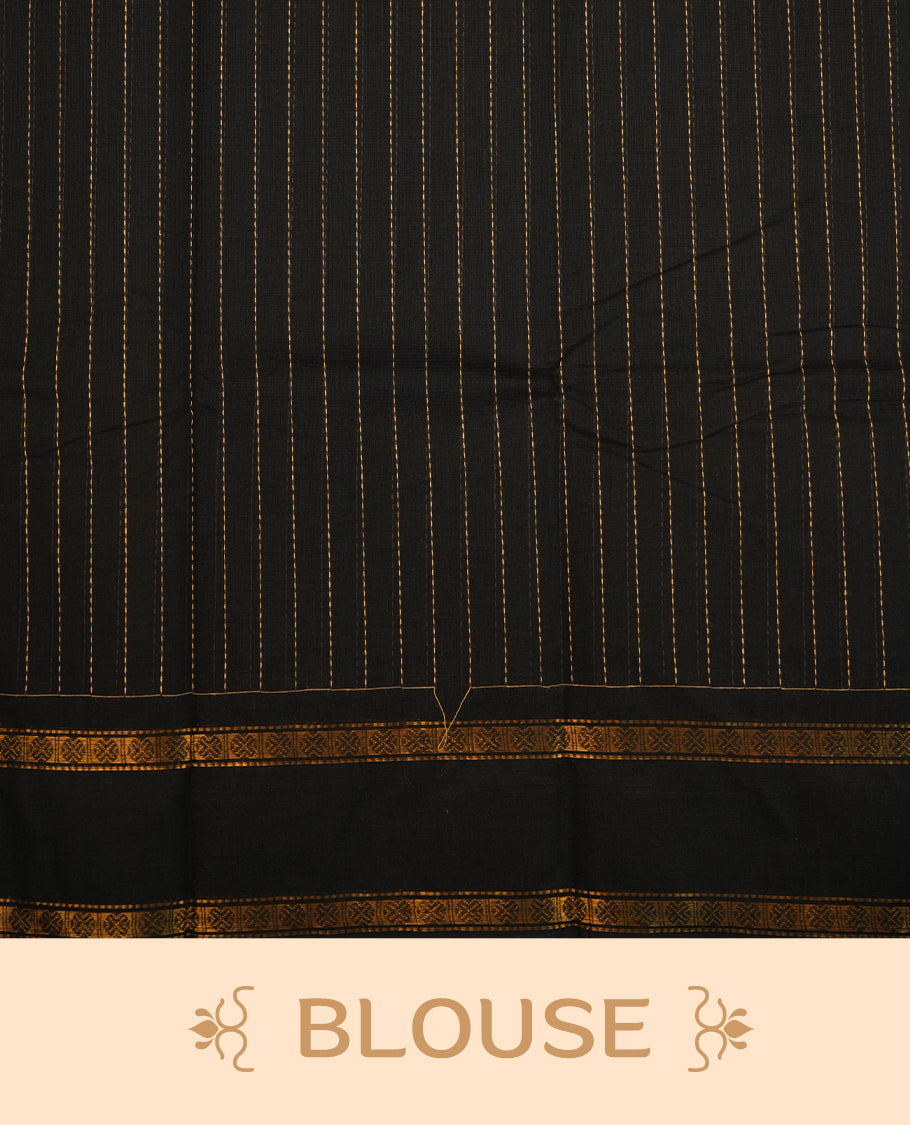 Black Colour  Mangalagiri cotton saree with a Gold Zari Striped body, contrast Gold Zari striped border & pallu . Paired with a matching blouse piece .
