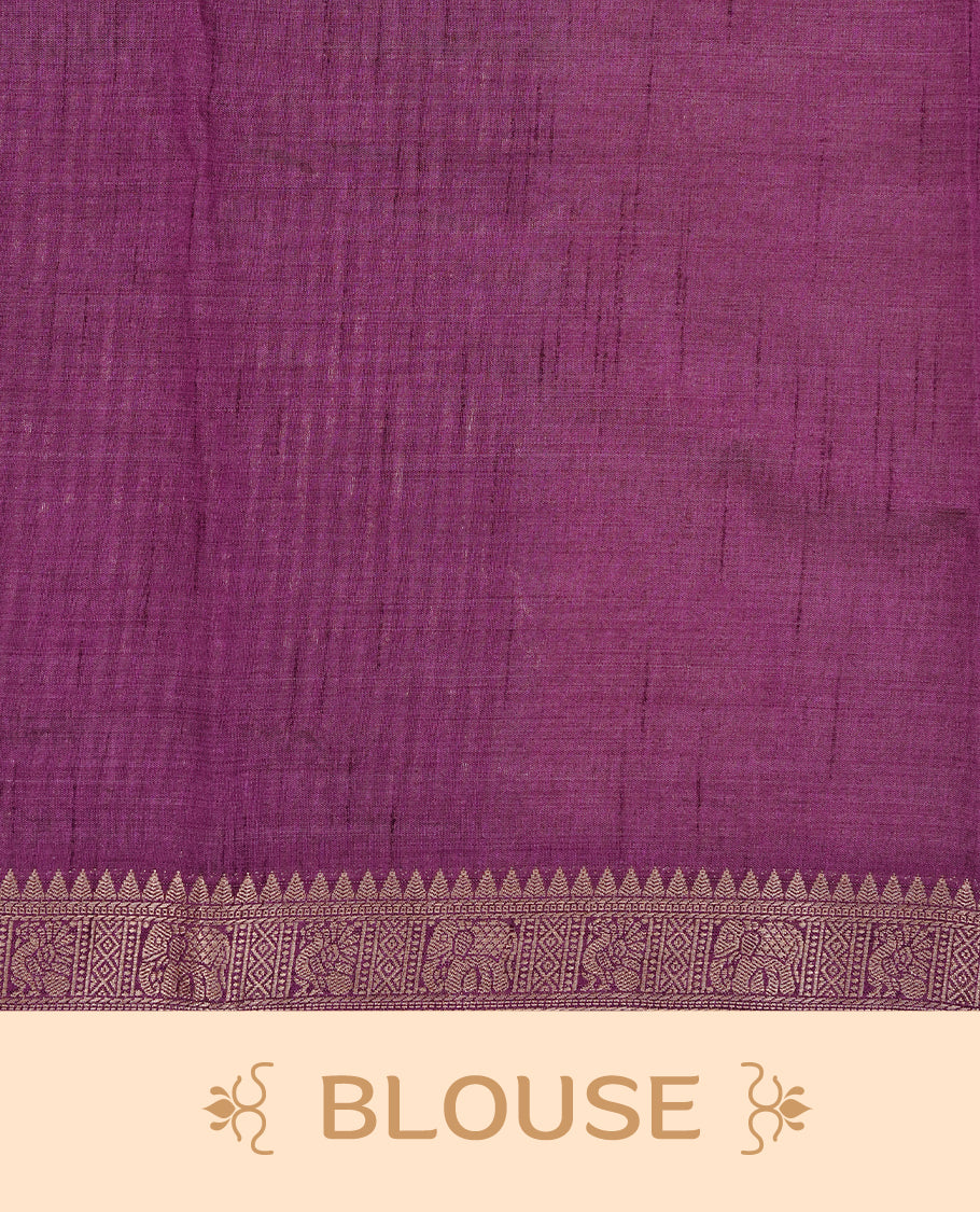 Cream colour Tussar silk saree Featuring Elegant Plain body, complemented by Contrast Purple colour with gold zari border, paired with matching blouse piece.