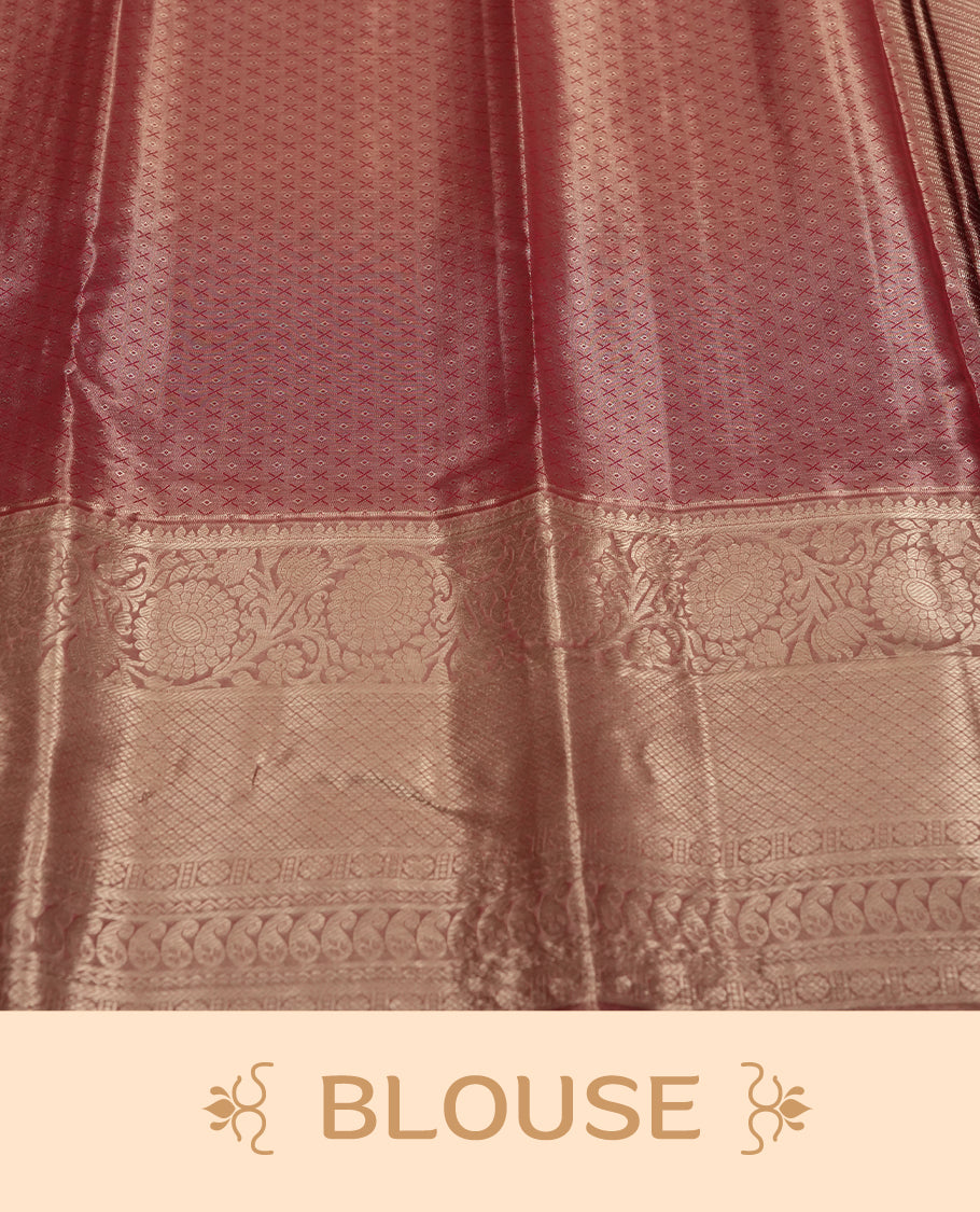 Brick red colour and Antique gold Zari Tissue Brocade Saree features intricate line Motifs on body and traditional border & pallu , paired with matching blouse