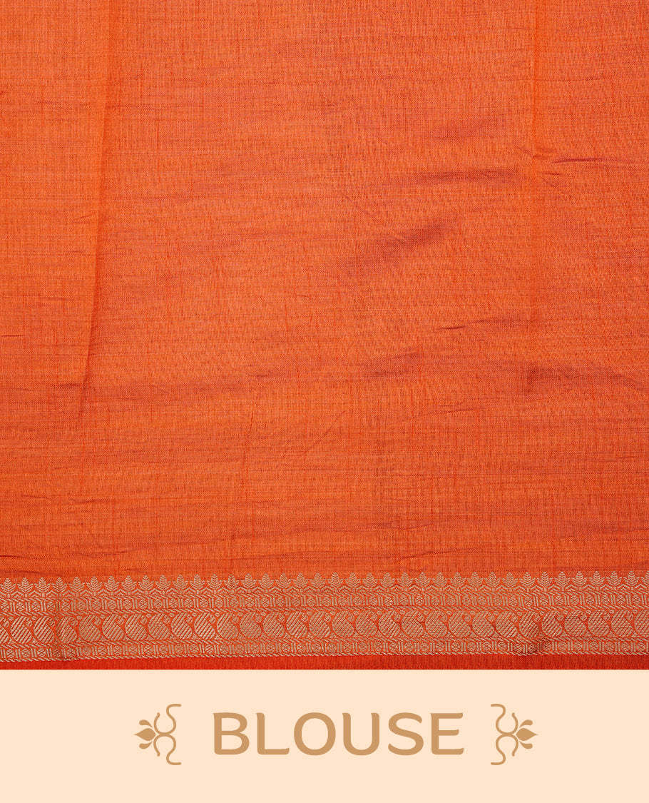 Cream colour Semi Tussar silk saree featuring an elegant plain body, accentuated by a contrast Orange border adorned with intricate gold Mango zari work, paired with a matching blouse piece.