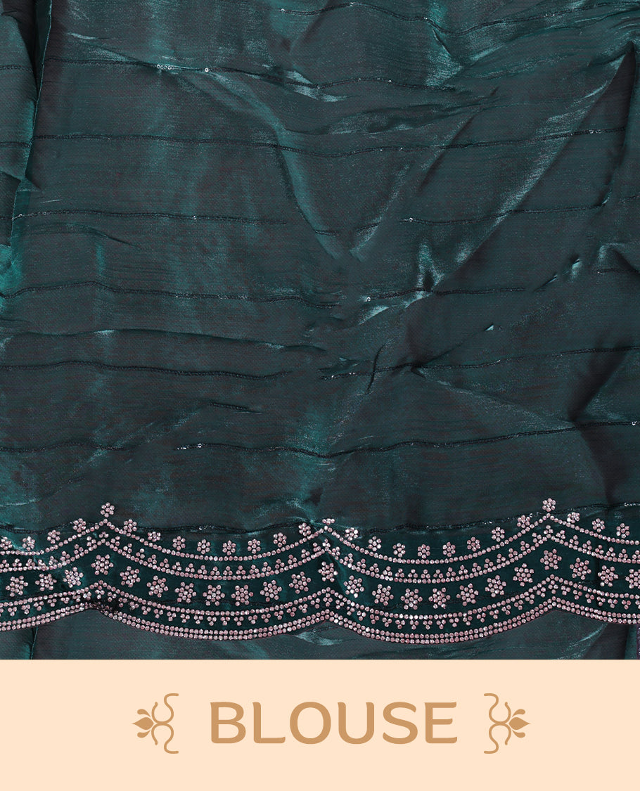 Dark green colour chiffon designer saree, featuring self colour beats stripes on body, heavy gold stone patttern on border and  pallu, Paired with matching blouse.